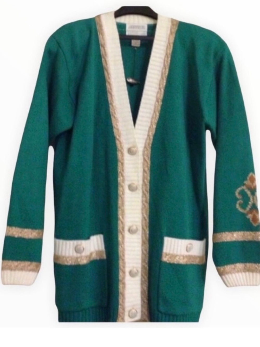 🔴 Green Button-Front Cardigan Sweater with White and Gold Trim-M-L - Picture 9 of 10